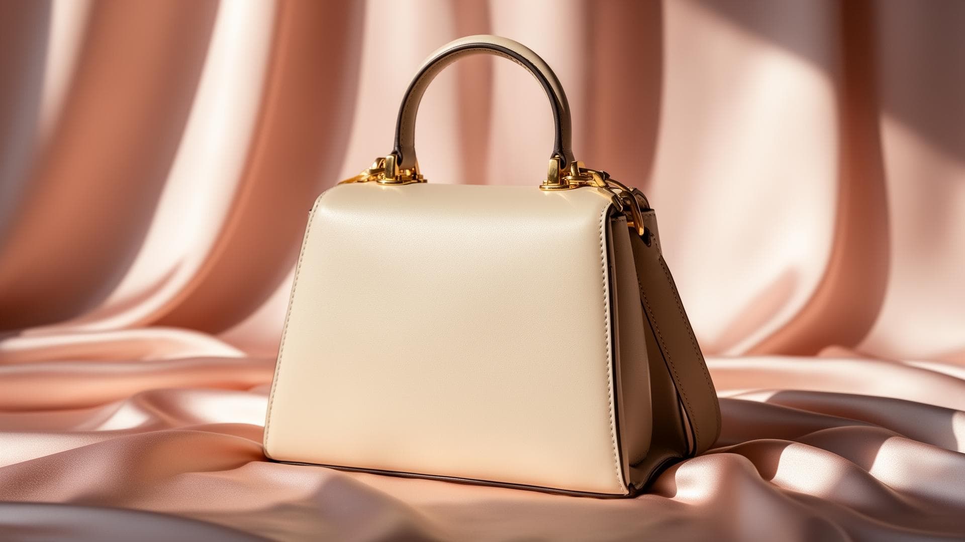 bagcity cream leather handbag with gold hardware on draped silk